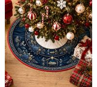 Jupe de sapin de Noël avec scène religieuse traditionnelle 91,4 cm | Thème religieux, couverture de base d'arbre, accents floraux, tons bleus profonds élégants, décoration saisonnière
