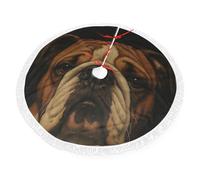 Jupe de Sapin de Noël avec Un Adorable Bulldog Anglais au Regard perçant, ornée de Pompons, 122 cm (48 Pouces). Décoration idéale pour Les fêtes et la Maison.