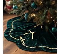Jupe de sapin de Noël de luxe en velours vert de 122 cm - Bord festonné et bordure en dentelle dorée - Tapis élégant en velours doux pour fête, Noël rustique, décoration de vacances