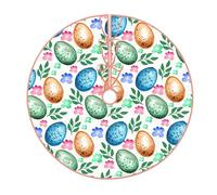 Jupe de sapin de Noël imprimé œufs de Pâques, tapis de décoration de maison de vacances en lin avec bordure pour fête de Noël et réveillon du Nouvel An