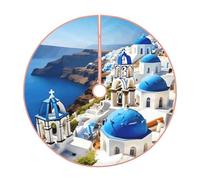 Jupe de sapin de Noël imprimée île grecque avec vue sur la mer, jupe de sapin de Noël matelassée colorée, parfaite pour les petits et grands arbres