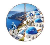 Jupe de sapin de Noël imprimée île grecque avec vue sur la mer, jupe de sapin de Noël matelassée colorée, parfaite pour les petits et grands arbres