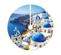 Jupe de sapin de Noël imprimée île grecque avec vue sur la mer, jupe de sapin de Noël matelassée colorée, parfaite pour les petits et grands arbres