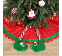 Jupe de sapin de Noël matelassée, pour le thème des elfes, texture douce, avec jambes rayées et pompons, pour salon, chambre, bureau (62 cm)
