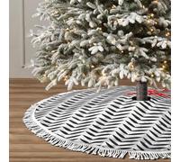 Jupe de sapin de Noël noire et blanche de 76 cm avec bordure à pompons élégante et ronde - Décoration de vacances pour la maison, les fêtes, le bureau