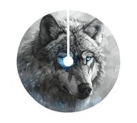 Jupe de sapin de Noël rustique avec imprimé loup aux yeux bleus, jupe de sapin de Noël matelassée, parfaite pour Noël, Halloween