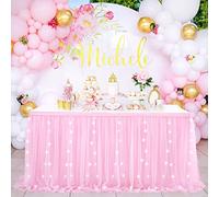 Jupe de table rose en tulle de 1,8 m - 2 couches - Rectangulaire - Tutu rose - Pour anniversaire, fête prénatale, mariage