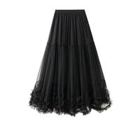 Jupe d'été 2026 pour femme - Ligne A - Taille élastique - Tulle - Jupe midi - Avec taille haute - En coton uni - Robe longue tendance, Noir , taille unique