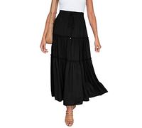Jupe d'été plissée à volants pour femme - Taille haute élastique - Cordon de serrage - Jupe longue - Jupe de plage bohème fluide - Jupe de plage vintage gitane - Jupe longue de vacances, A3 - Noir, 40