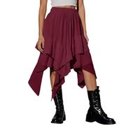 Jupe d'été Renaissance pour femme - Style médiéval - Gothique - Punk - Carreaux - Asymétrique - Taille haute - Coupe trapèze - Avec dentelle - Couleur unie foncée, rouge, M