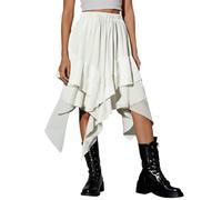 Jupe d'été Renaissance pour femme - Style médiéval - Gothique - Punk - Carreaux - Asymétrique - Taille haute - Coupe trapèze - Avec dentelle - Couleur unie foncée, Blanc., L