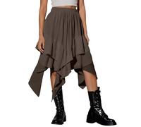 Jupe d'été Renaissance pour femme - Style médiéval - Gothique - Punk - Carreaux - Asymétrique - Taille haute - Coupe trapèze - Avec dentelle - Couleur unie foncée, marron, M