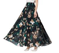 Jupe d'été taille haute pour femme - Taille élastique - Jupe de danse mi-longue imprimée en mousseline de soie, Noir , 48