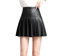 Jupe d'hiver courte plissée en cuir véritable pour femme, coupe ajustée, taille haute, Noir , 44