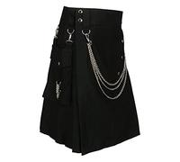 Jupe écossaise Tartan Utility Kilts pour homme Jupe Tartan Kilt avec sangles Poches de chargement Plissée Costume médiéval traditionnel combat gothique punk kilt Highland Rock, A Noir 2., L