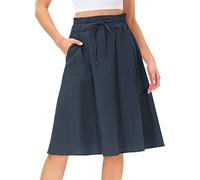 Jupe en coton pour femme avec poches - Jupe plissée élégante - Couleur unie - Jupe plissée - Taille élastique - Jupe trapèze avec cordon de serrage, O bleu marine, S