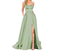 Jupe En Cuir Noir Robes De Bal Dames Longues Femmes Élégantes Dos Longues RobesCris Satin Spaghetti Party Robe De Bal Fente Latérale Robe De Soirée De Mariage Avec Poches Dessous De Robe (Green, M)