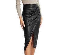 Jupe en cuir synthétique, taille haute, fente à l'avant, fermeture éclair à l'arrière, froncée, moulante, longue jupe club avec boutonnière, Noir , XL