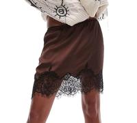 Jupe en dentelle et satin de soie pour femme - Taille basse - Jupes superposées à volants - Mini jupes Y2k - Jupe haute fluide, marron foncé, S