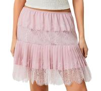 Jupe en dentelle pour femme - Demi-bordure en satin Y2k - À volants - Mini jupes fluides sous jupe courte élastique, rose, M