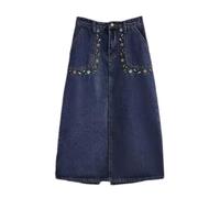 Jupe en jean avec broderie coréenne - Printemps - Été - Taille haute - Jupe trapèze - Vêtements pour femmes, bleu, 52