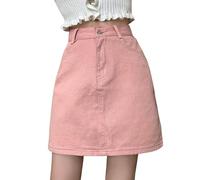 Jupe en jean courte pour femme - Coupe trapèze - Bouton décontracté - Mini jupe - Printemps été - Taille haute - Jeans - Streetwear - Avec poches - Couleur unie - Jupe portefeuille, O rose., M