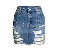 Jupe en Jean Déchirée Taille Haute avec Perles d'Été - Bleu - L