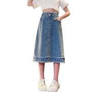 Jupe en jean élastique taille haute avec pompons, coupe trapèze, coupe droite, décontractée, avec poches, 4 à 15 ans, bleu, 12-13 ans