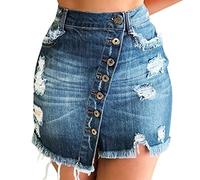 Jupe en jean élégante pour femme - Taille haute - Avec trous - Boutons - Pour tous les jours - Jupe crayon - Courte et confortable - Déchirée - Style urbain - Pour femme - Jupe portefeuille classique,