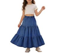 Jupe en jean élégante pour fille - Taille élastique - Coupe trapèze évasée - Longueur midi - Tenue d'été décontractée, bleu foncé, 7-8 ans