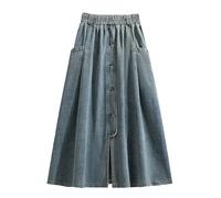Jupe en Jean Femme Taille Élastique, Jupe Femme Mi Longue Vintage avec Poches Et Boutons Ample Ourlet Fluide Coupe Trapèze A-Line Chic Et Élégants Décontracté Streetwear Grande Taille Denim Skirts