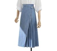 Jupe en Jean Jupes Plissées D’été pour Les Femmes Patchwork Irrégulier A-Ligne Jupes en Denim Femme Taille Haute Longue, Light Blue, XL