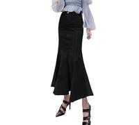 Jupe en jean stretch pour femme avec volants en queue de poisson - Jupe mi-longue moulante - Coupe ajustée - Taille haute pour un style intemporel, Noir , M