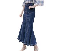 Jupe en jean stretch pour femme avec volants en queue de poisson - Jupe mi-longue moulante - Coupe ajustée - Taille haute pour un style intemporel, bleu, XL