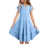 Jupe en tulle bleu pour fille - Double couche - Manches flottantes - Robe trapèze fluide - Robe midi décontractée - Robe midi avec dégradé de couleur - Bikini avec 98 filles, bleu clair, 12-13 ans