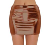 Jupe en tulle métallique pour femme - Courte - Effet mouillé - Mini jupe moulante brillante - Clubwear - En cuir verni - Latex brillant - Jupe crayon - En cuir synthétique - Mini jupe, café, XL
