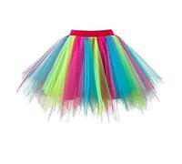 Jupe en tulle rose vif 2026 pour femme - Multicolore - Classique - Tutu - Paillettes - Jupe de ballet élastique - Taille haute - Jupe de ballet - Costume de carnaval - Costume arc-en-ciel - Élastique