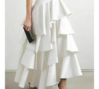 Jupe évasée à taille haute avec volants superposés et ourlet asymétrique de couleur unie blanche pour femmes Elio Closet, été L,M,S,XL,XSUnicoloreTissu tissé