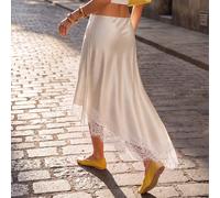 Jupe femme à taille mi-haute, drapée, asymétrique, en satin texturé blocs de couleurs avec bordure en dentelle, style doux et élégant, blanc perle, transition discrète, été L,M,S,XSUnicoloreSatin