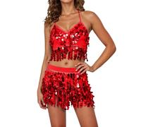 Jupe Femme Chic Costume Carnaval, Portefeuille superposée à Franges et Sequins pour la Danse du Ventre et Les Exercices latins, avec Ceinture élastique et Fente latérale (Red, One Size)