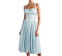 Jupe Femme Élégante Robe corolle Fluide d'été pour Femme bohème décontractée mi-Longue à Lacets et Fronces Style sans Manches et Dos (Light Blue, XL)