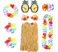 Jupe Fille Hawaïenne,Hawaiian Hula Herbe Jupe Ensemble 8 PCS Hawaiian Hula Grass Skirt avec Collier Bracelets Bandeau Fleur Soutien-Gorge Cheveux Clip et Ananas Lunettes de Soleil Décoration de Partie