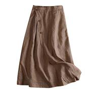 Jupe Fluide Femme - Femmes Nouveau décontracté Une Ligne Robe été Coton et Lin Longueur Moyenne Taille élastique Grande balançoire Jupe Demi-Longueur Robe Jupe Short Devant