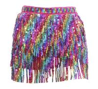 Jupe franges et sequins pour femme, Jupes foulard franges scintillantes pour danse orientale, Mini jupe portefeuille arc-en-ciel à 4 couches de franges for festival, danse, spectacle, rave, ceintures
