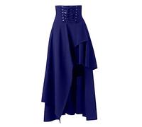 Jupe Gothique Steampunk Victorienne pour Femme - Costume Médiéval de Pirate à Volants Hauts et Bas - Taille Haute - Bleu Foncé A1., M