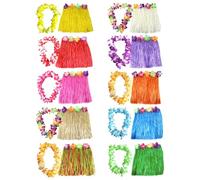 Jupe hawaïenne + Lei coloré 2 pièces pour déguisement - Jupe de 40 cm - Costume hawaïen Hula Luau - Tenue de fête de plage (naturel) - Blanc