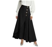 Jupe Irrégulière pour Femme Bohème Légère Ete Mi Longue Jupes avec Boutons Coupe Ample Décontracté A Ligne Couleur Unie Chic Et Élégants Classiques Fluide Passe Partout De Plage Jupes (Noir, XL)