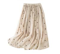 Jupe longue d'été en lin pour femme, légère et aérée, plissée, avec taille élastique et cordon de serrage, jupe plissée, style bohème, style rétro, motif à pois, jupe midi en lin, beige, M