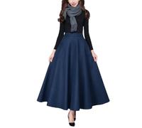 Jupe longue d'hiver taille haute pour femme, jupe basique en laine pour femme, décontractée, épaisse, chaude, élastique, trapèze, noire, Bleu marine 88 cm, 44