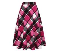 Jupe longue en laine à carreaux pour femmes Ylingjun - Automne/hiver - Taille haute élastique - Jupe A ligne évasée plissée en tartan, rose rouge, Taille M